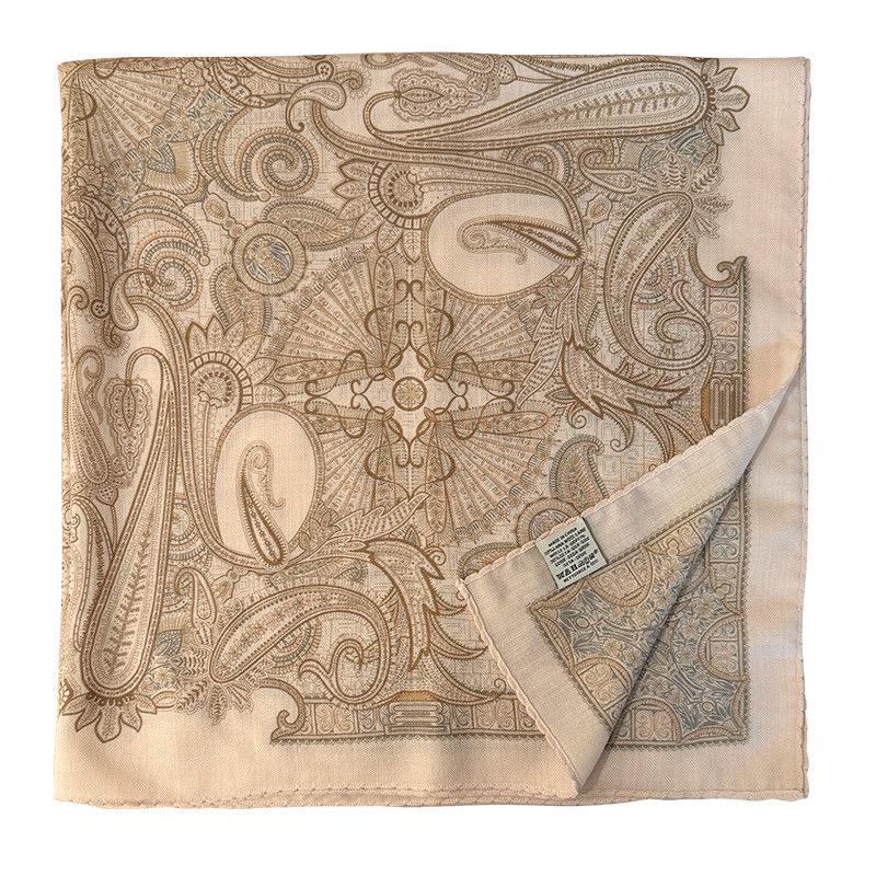 Silk Wool Scarf 35"x35" 88x88cm, Cream Beige Paisley Mulberry Silk Square Scarf French Retro Warm Shawl Gift for Her