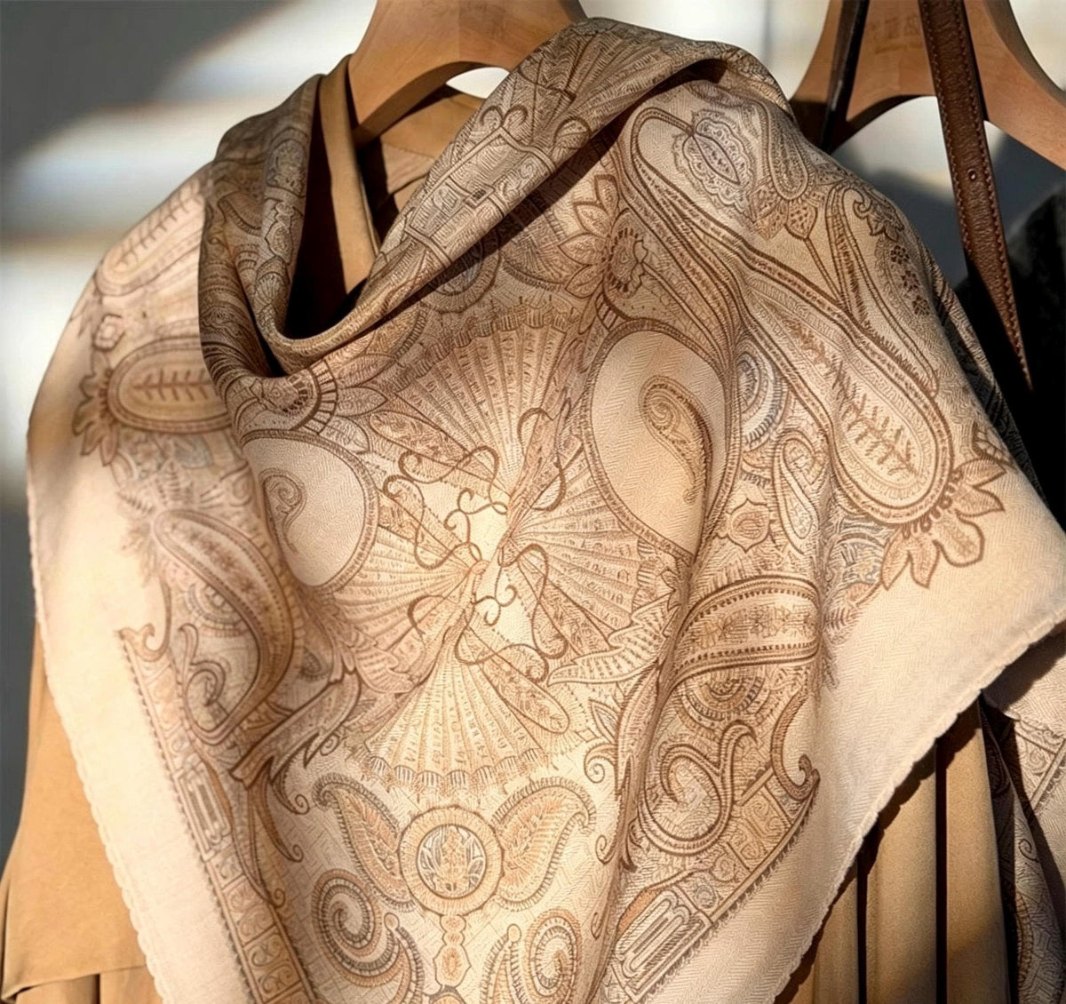 Silk Wool Scarf 35"x35" 88x88cm, Cream Beige Paisley Mulberry Silk Square Scarf French Retro Warm Shawl Gift for Her