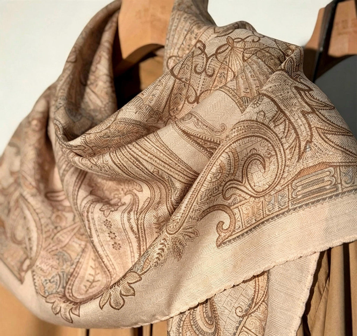 Silk Wool Scarf 35"x35" 88x88cm, Cream Beige Paisley Mulberry Silk Square Scarf French Retro Warm Shawl Gift for Her
