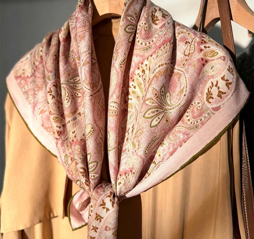 Silk Wool Scarf 35"x35" 88x88cm, Gentle Garden Reversible Paisley Mulberry Silk Square Scarf Floral Shawl Gift for Her