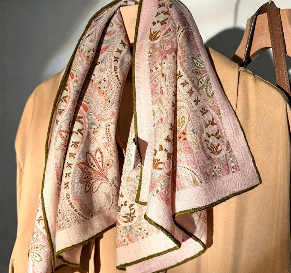 Silk Wool Scarf 35"x35" 88x88cm, Gentle Garden Reversible Paisley Mulberry Silk Square Scarf Floral Shawl Gift for Her