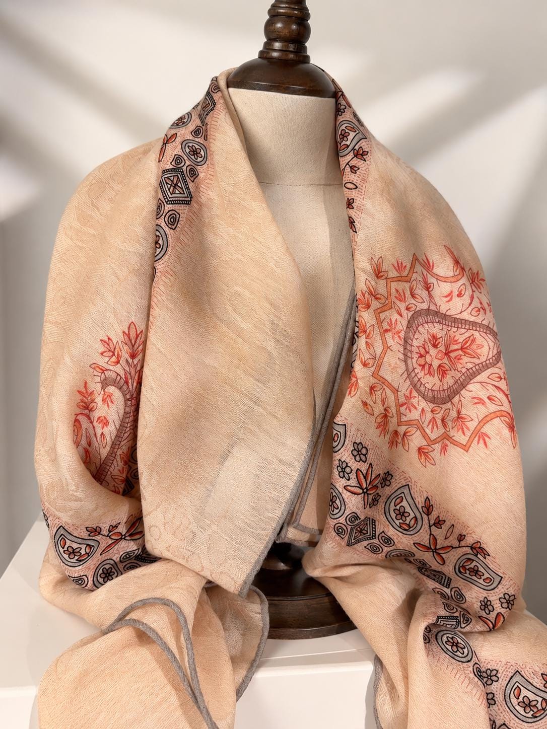 Wool Scarf 53"x53" 135x135cm, Nepal Inspired Vintage Jacquard Square Scarf, Boho Ethnic Winter Shawl, Women's Luxury Wrap