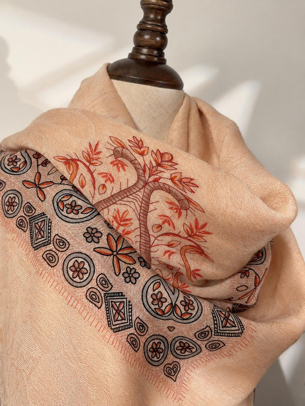 Wool Scarf 53"x53" 135x135cm, Nepal Inspired Vintage Jacquard Square Scarf, Boho Ethnic Winter Shawl, Women's Luxury Wrap