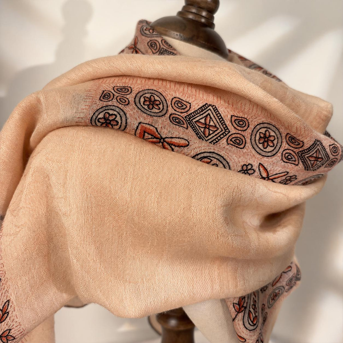 Wool Scarf 53"x53" 135x135cm, Nepal Inspired Vintage Jacquard Square Scarf, Boho Ethnic Winter Shawl, Women's Luxury Wrap