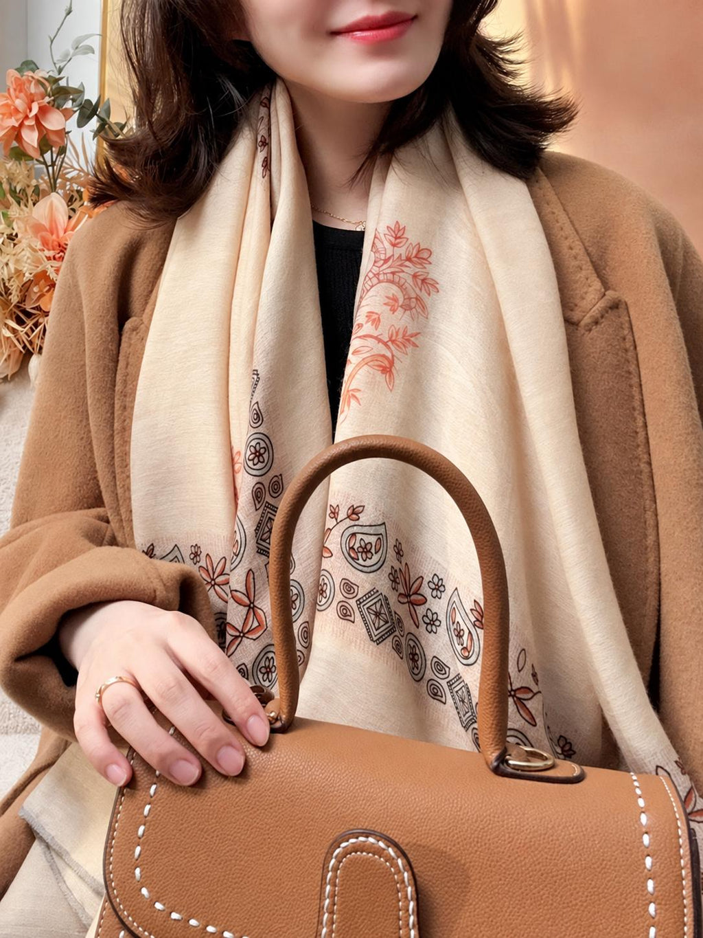 Wool Scarf 53"x53" 135x135cm, Nepal Inspired Vintage Jacquard Square Scarf, Boho Ethnic Winter Shawl, Women's Luxury Wrap