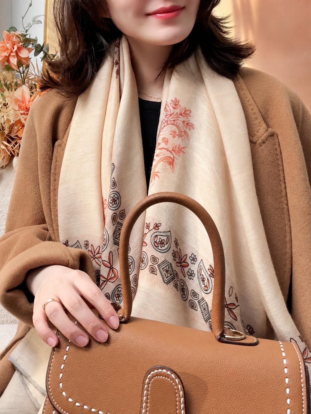 Wool Scarf 53"x53" 135x135cm, Nepal Inspired Vintage Jacquard Square Scarf, Boho Ethnic Winter Shawl, Women's Luxury Wrap