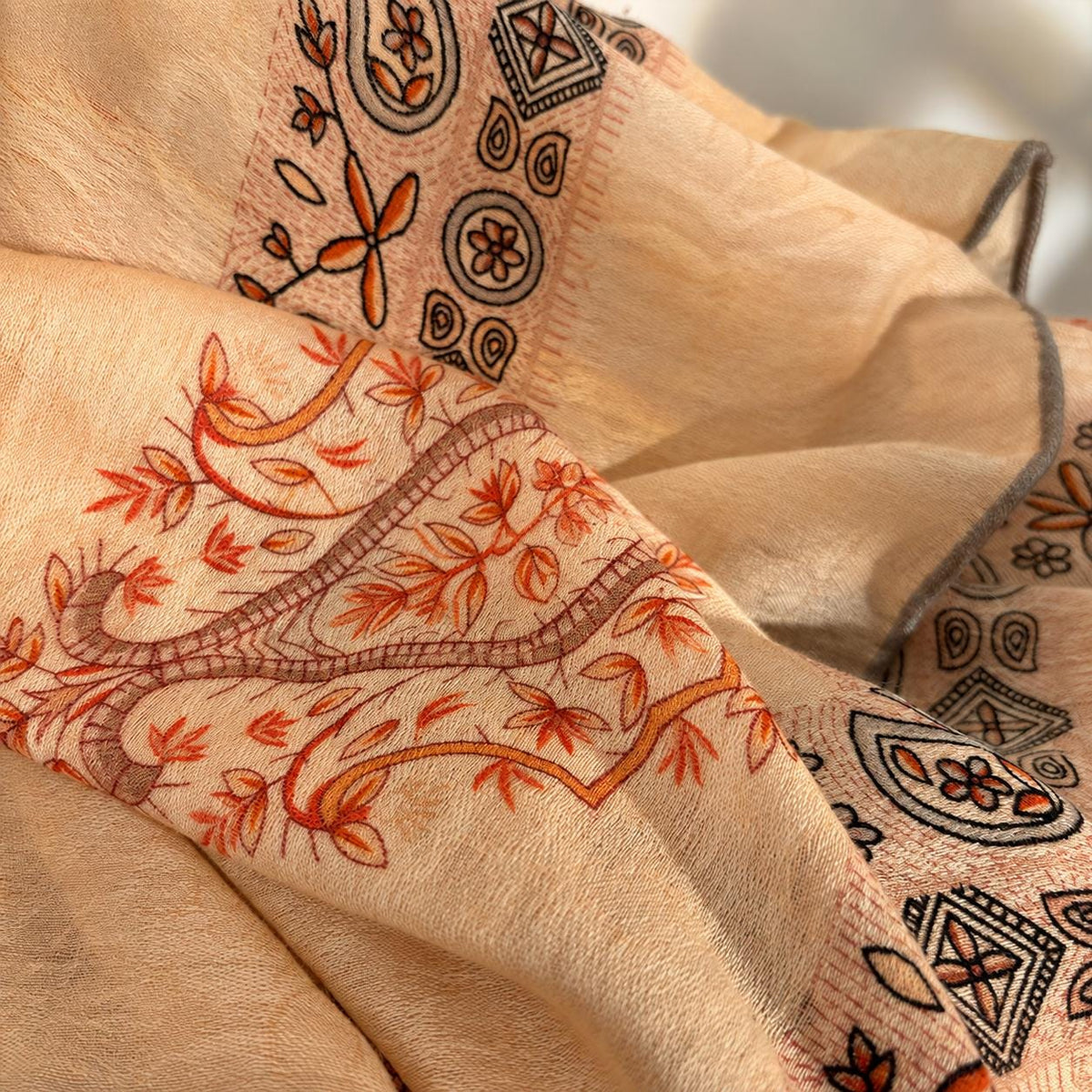 Wool Scarf 53"x53" 135x135cm, Nepal Inspired Vintage Jacquard Square Scarf, Boho Ethnic Winter Shawl, Women's Luxury Wrap