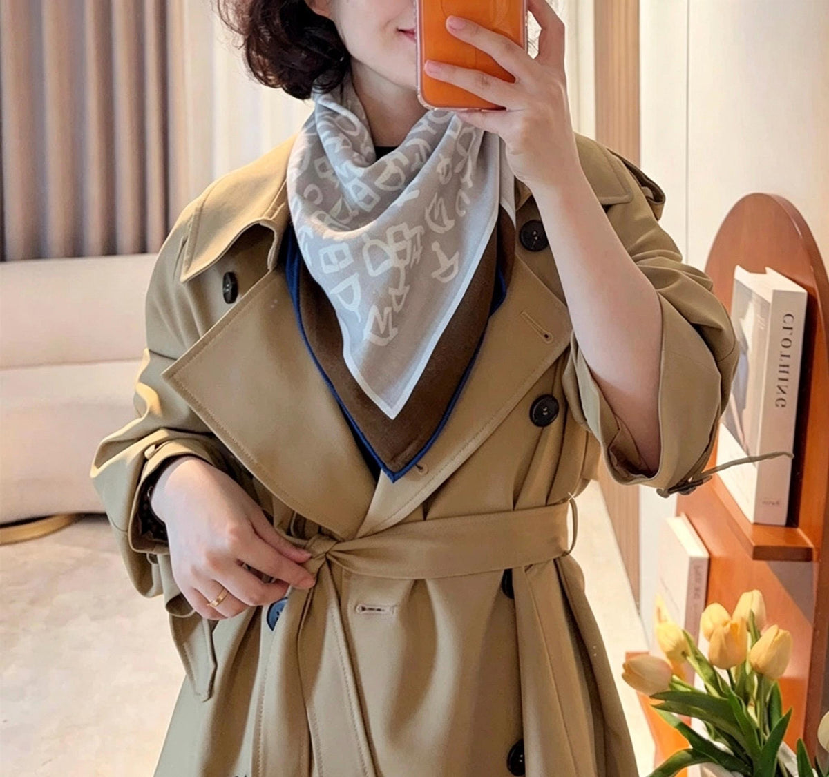 Silk Wool Scarf 35"x35" 88x88cm, Bruges Notes Art Mulberry Silk Square Scarf Minimalist Winter Warm Shawl Gift for Her