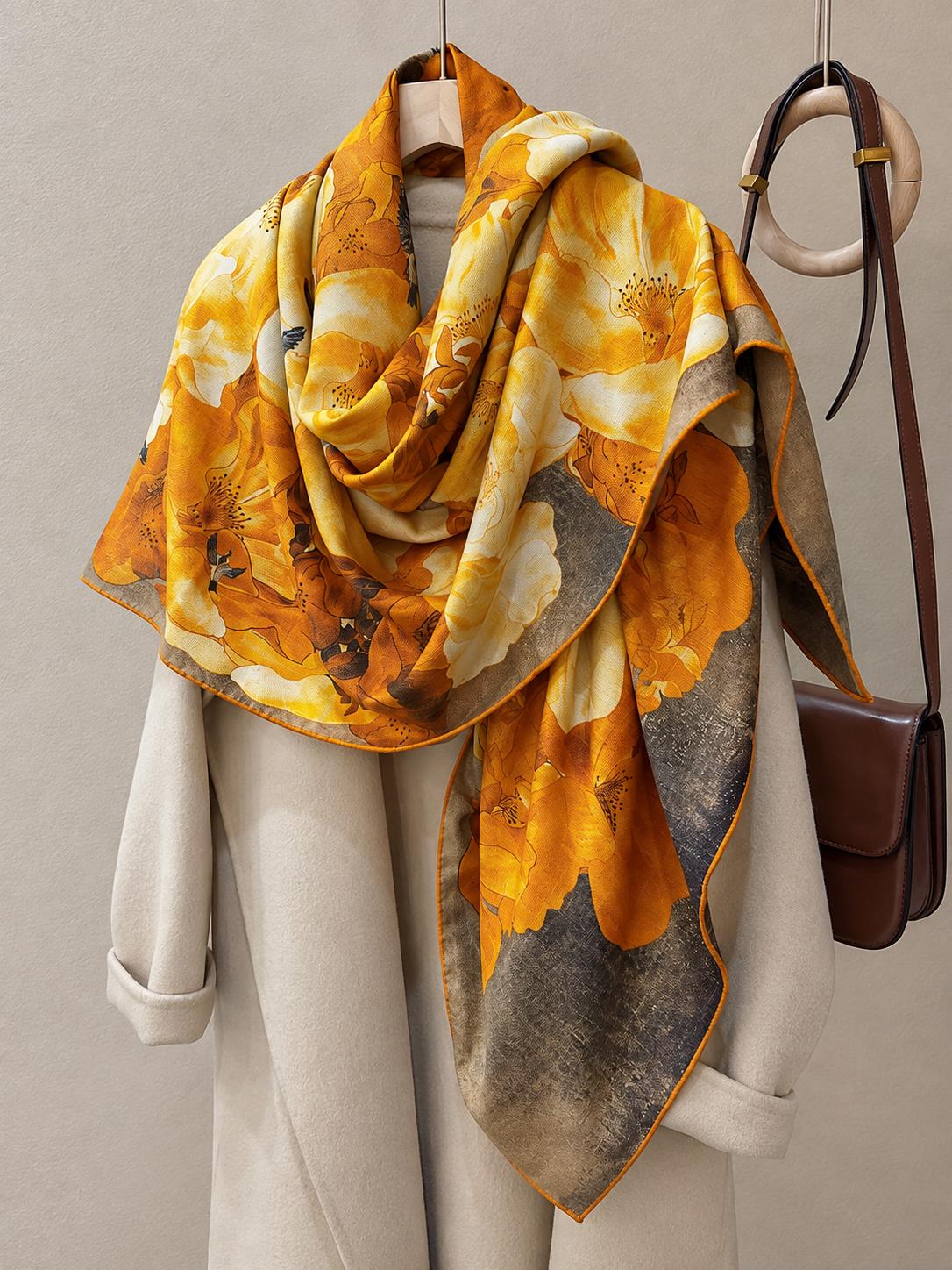 Silk Wool Scarf 53"x53" 135x135cm, Double Sided Two Tone Square Scarf, Korean Style Winter Shawl, Elegant Women's Office Wrap