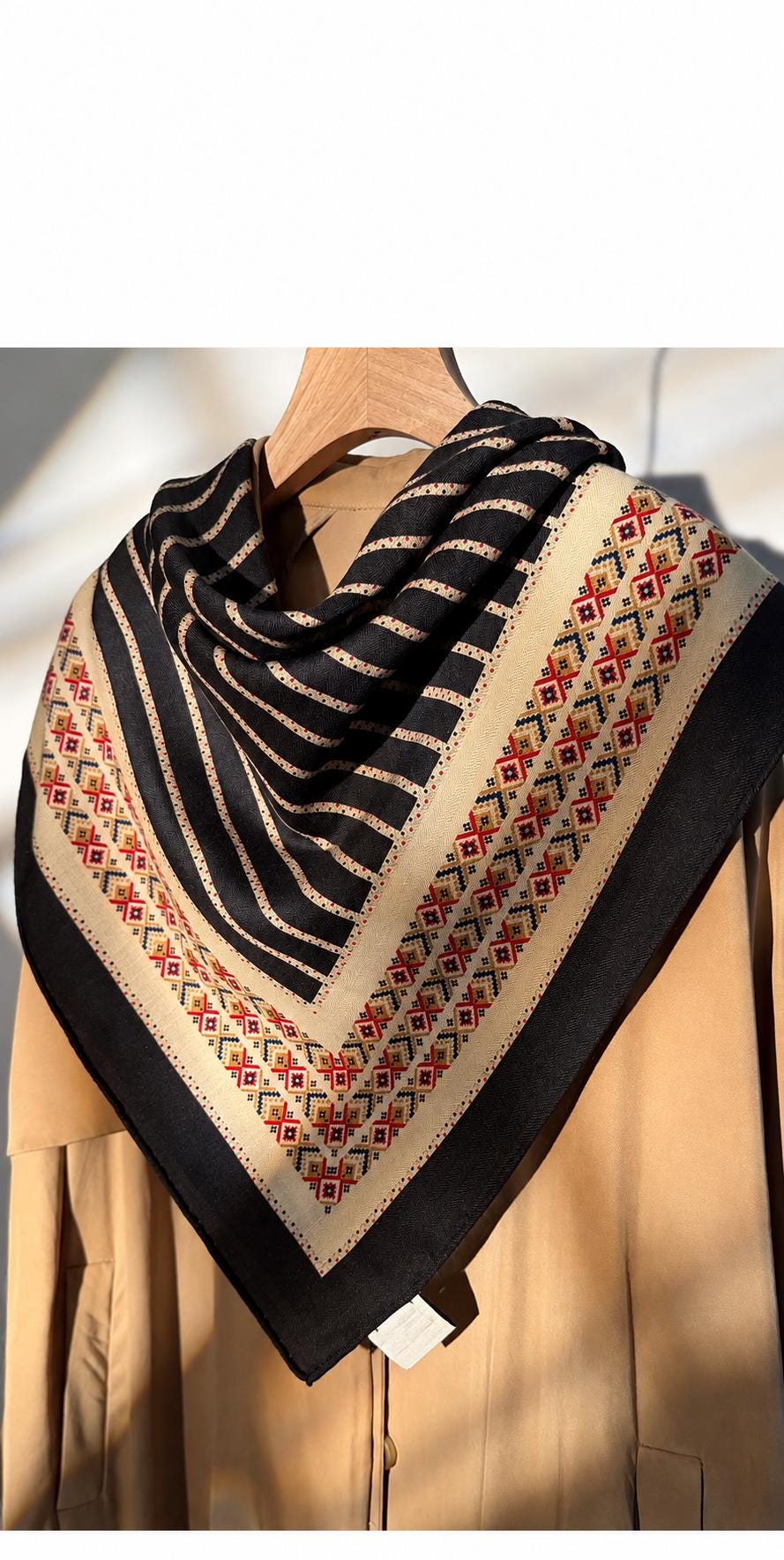 Silk Wool Scarf 35"x35" 88x88cm, Ethnic Boho Double Sided Square Scarf, Vintage Silk Wool Shawl, Women's Fall Winter Wrap Gift