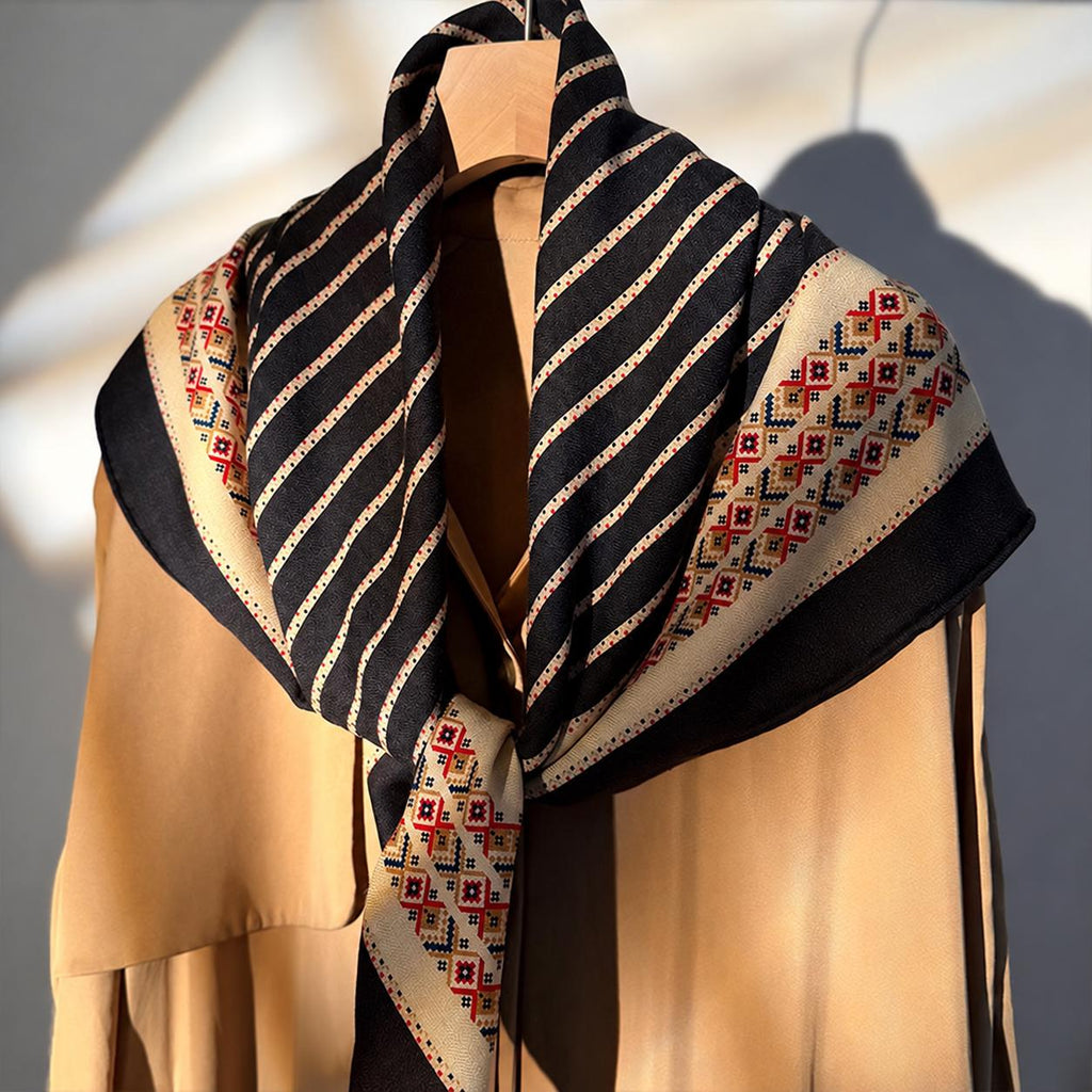 Silk Wool Scarf 35"x35" 88x88cm, Ethnic Boho Double Sided Square Scarf, Vintage Silk Wool Shawl, Women's Fall Winter Wrap Gift
