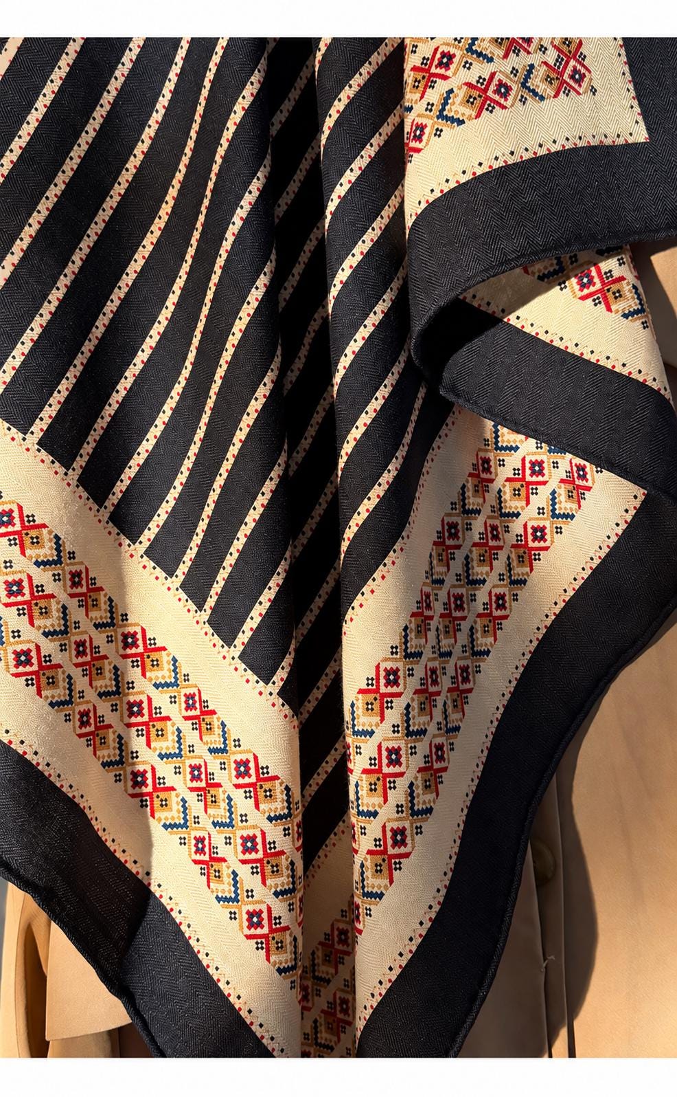 Silk Wool Scarf 35"x35" 88x88cm, Ethnic Boho Double Sided Square Scarf, Vintage Silk Wool Shawl, Women's Fall Winter Wrap Gift