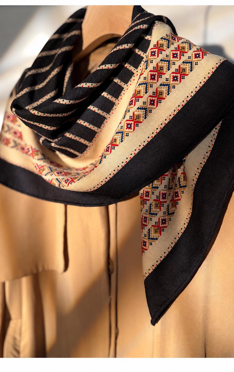 Silk Wool Scarf 35"x35" 88x88cm, Ethnic Boho Double Sided Square Scarf, Vintage Silk Wool Shawl, Women's Fall Winter Wrap Gift