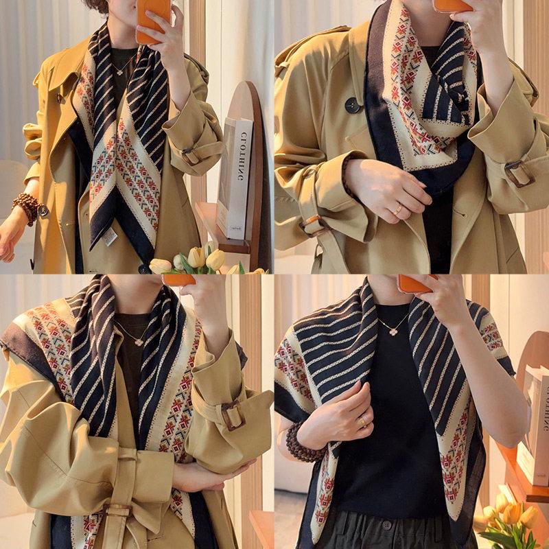 Silk Wool Scarf 35"x35" 88x88cm, Ethnic Boho Double Sided Square Scarf, Vintage Silk Wool Shawl, Women's Fall Winter Wrap Gift