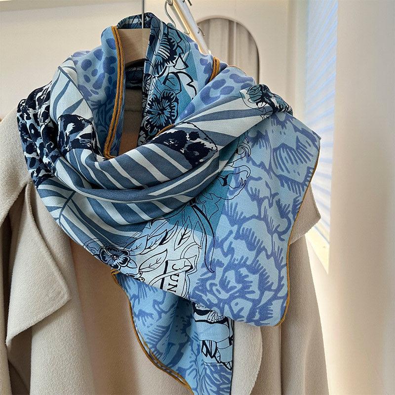 Silk Wool Scarf 53”x53” 135x135cm, Sky Blue Luxury Square Scarf, Elegant Silk Wool Winter Shawl, Women’s Warm Neck Wrap