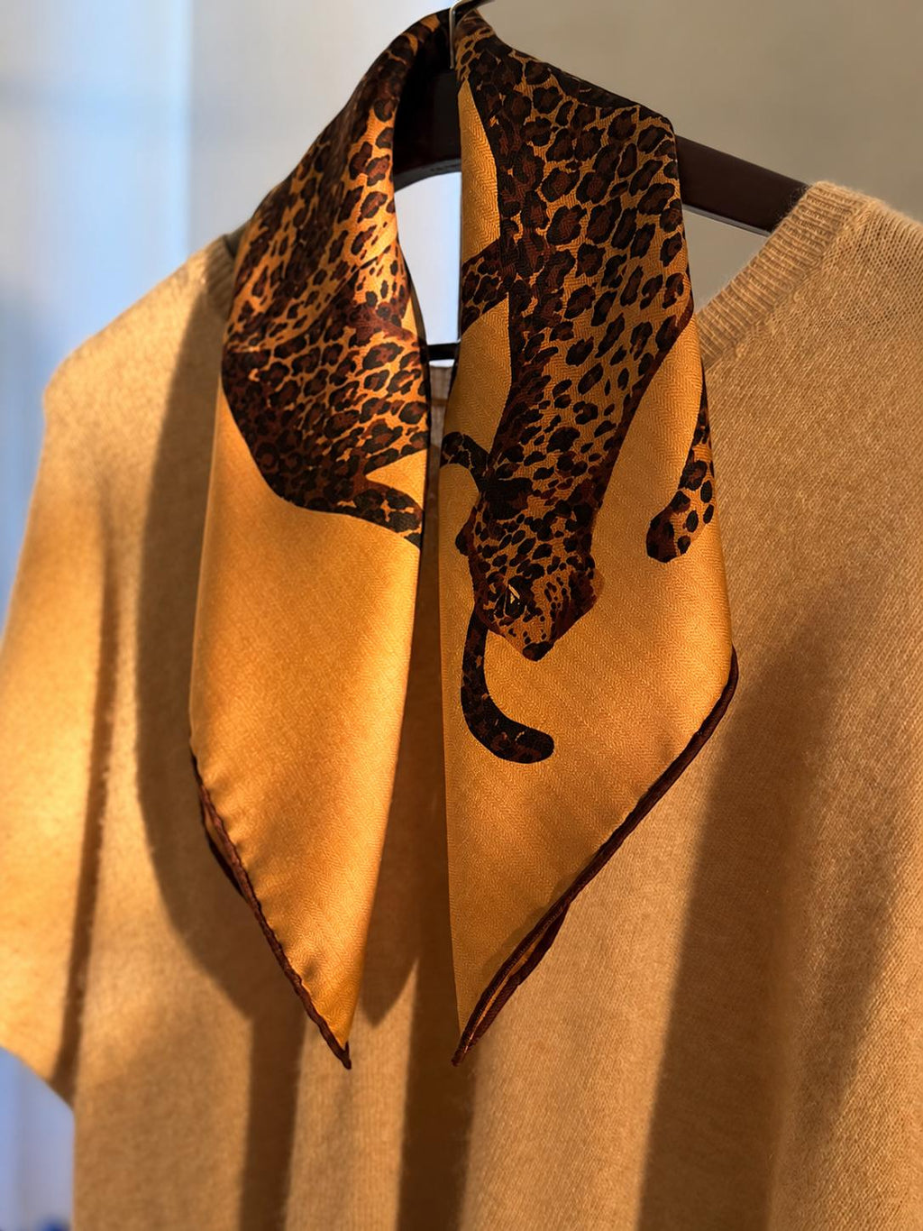 Silk Wool Scarf 35”x35” 88x88cm, Leopard Print Square Scarf, Italian Old Money Style Silk Wool Shawl, Women’s Fall Winter Wrap