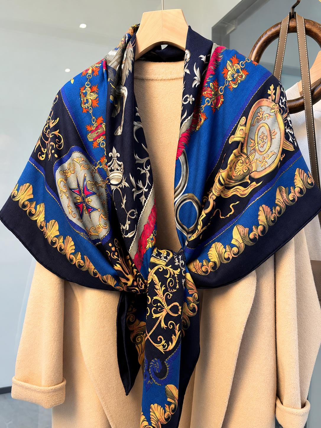 Silk Wool Scarf 53”x53” 135x135cm, Royal Blue French Court Inspired Square Scarf, Luxury Winter Shawl, Women’s Warm Wrap