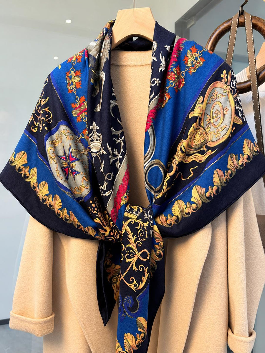 Silk Wool Scarf 53”x53” 135x135cm, Royal Blue French Court Inspired Square Scarf, Luxury Winter Shawl, Women’s Warm Wrap