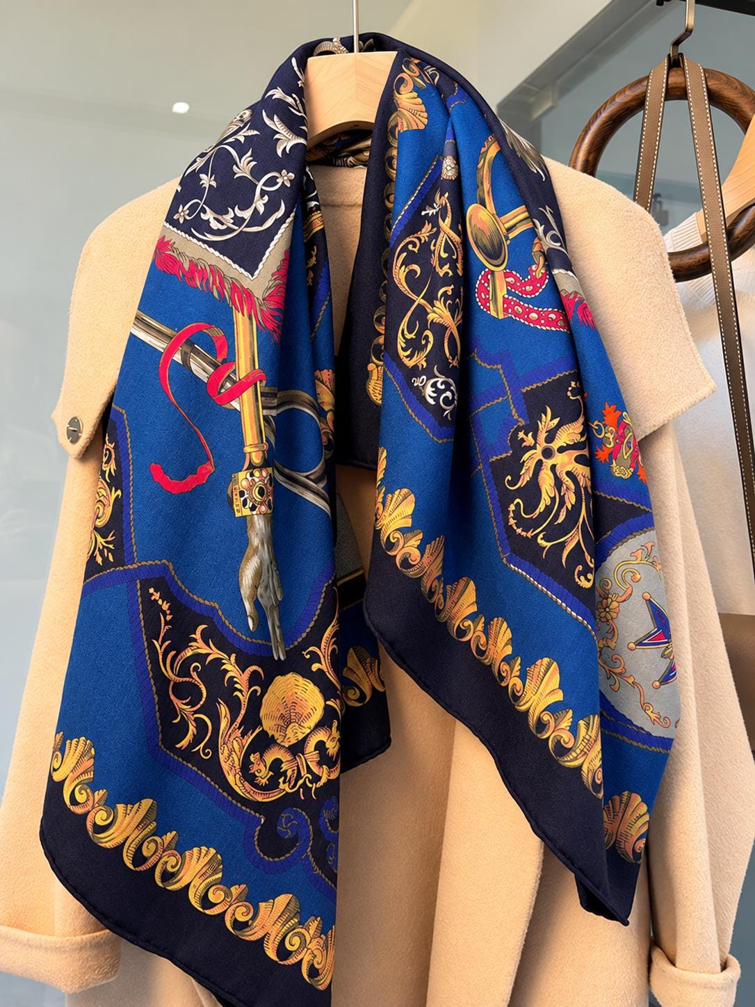 Silk Wool Scarf 53”x53” 135x135cm, Royal Blue French Court Inspired Square Scarf, Luxury Winter Shawl, Women’s Warm Wrap