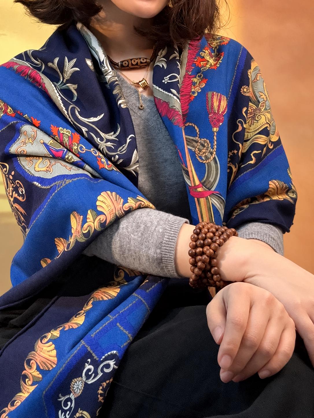 Silk Wool Scarf 53”x53” 135x135cm, Royal Blue French Court Inspired Square Scarf, Luxury Winter Shawl, Women’s Warm Wrap