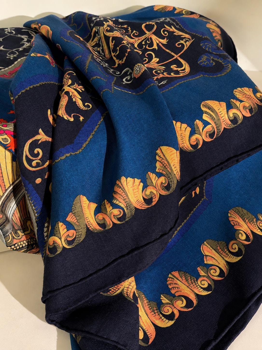 Silk Wool Scarf 53”x53” 135x135cm, Royal Blue French Court Inspired Square Scarf, Luxury Winter Shawl, Women’s Warm Wrap