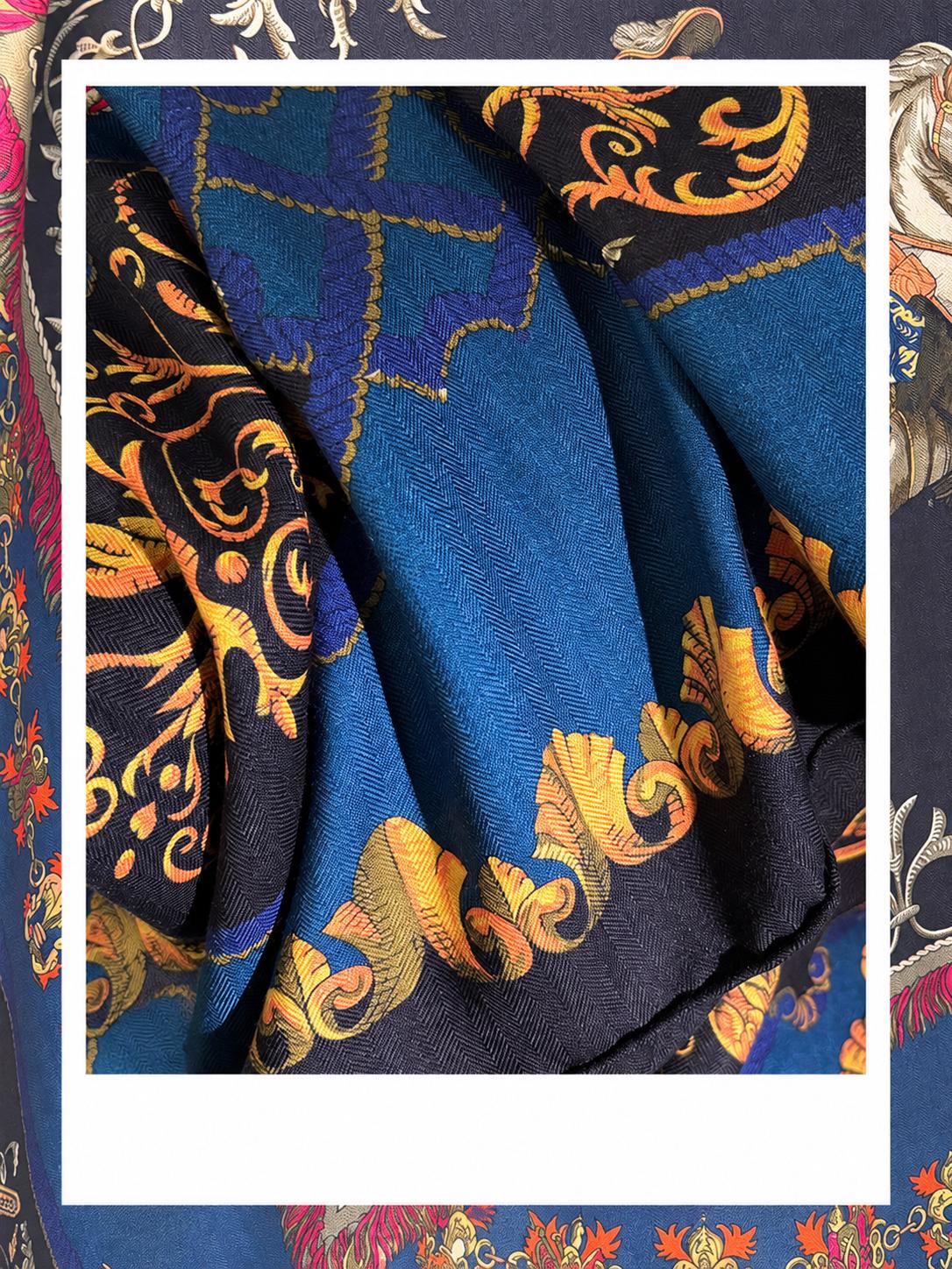 Silk Wool Scarf 53”x53” 135x135cm, Royal Blue French Court Inspired Square Scarf, Luxury Winter Shawl, Women’s Warm Wrap