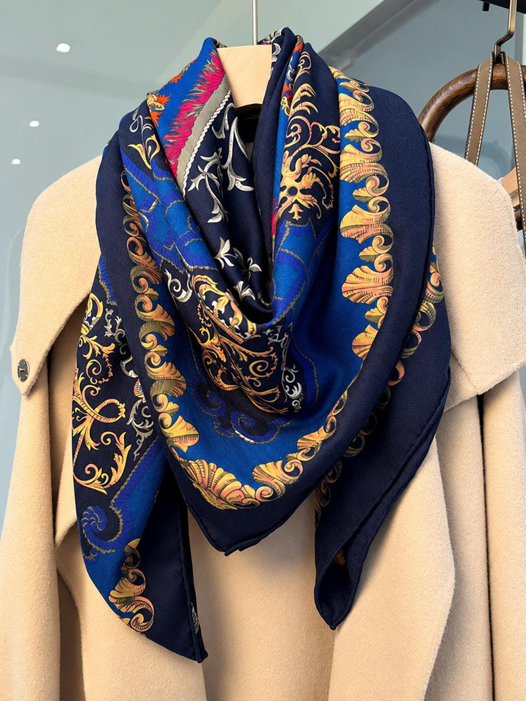 Silk Wool Scarf 53”x53” 135x135cm, Royal Blue French Court Inspired Square Scarf, Luxury Winter Shawl, Women’s Warm Wrap