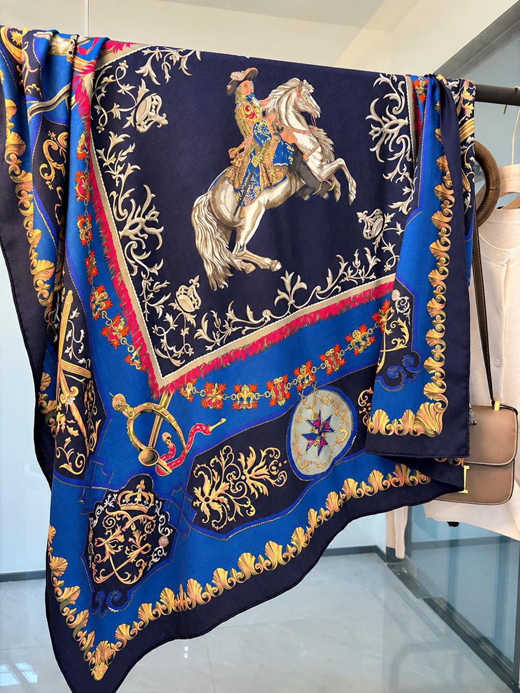 Silk Wool Scarf 53”x53” 135x135cm, Royal Blue French Court Inspired Square Scarf, Luxury Winter Shawl, Women’s Warm Wrap