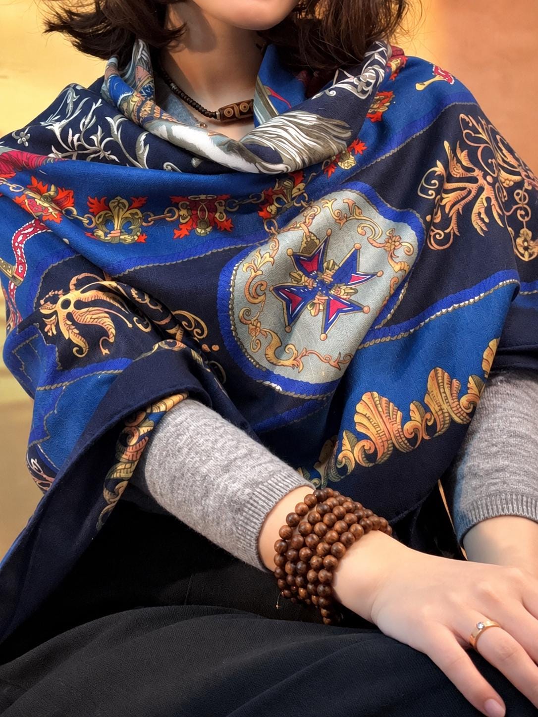 Silk Wool Scarf 53”x53” 135x135cm, Royal Blue French Court Inspired Square Scarf, Luxury Winter Shawl, Women’s Warm Wrap
