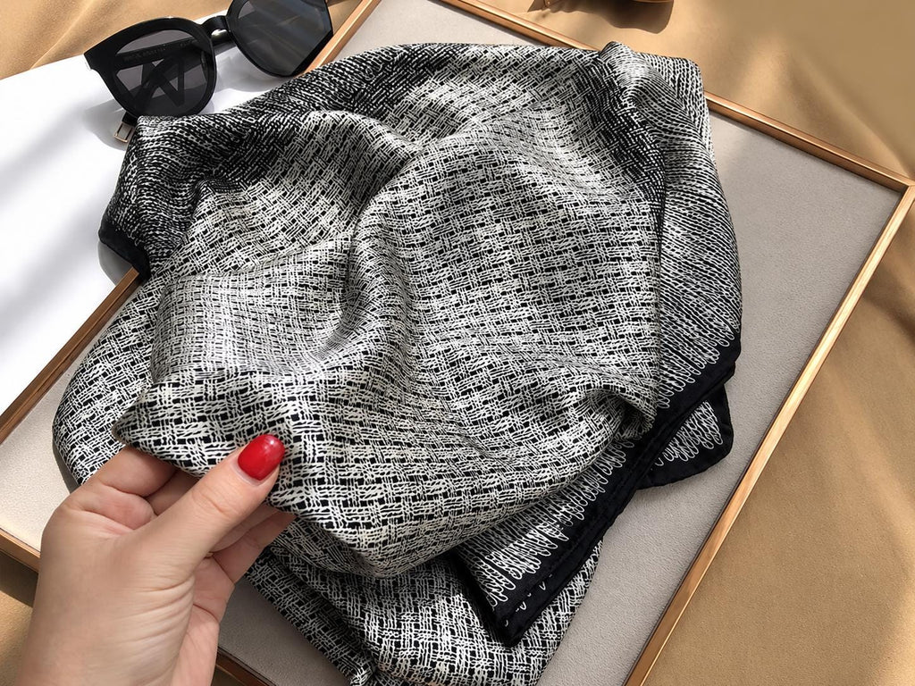100% Mulberry Silk Scarf 42.5"x42.5" 108x108cm, Black White Square Scarf, Luxury Satin Silk Shawl, Chic Fall Women's Wrap
