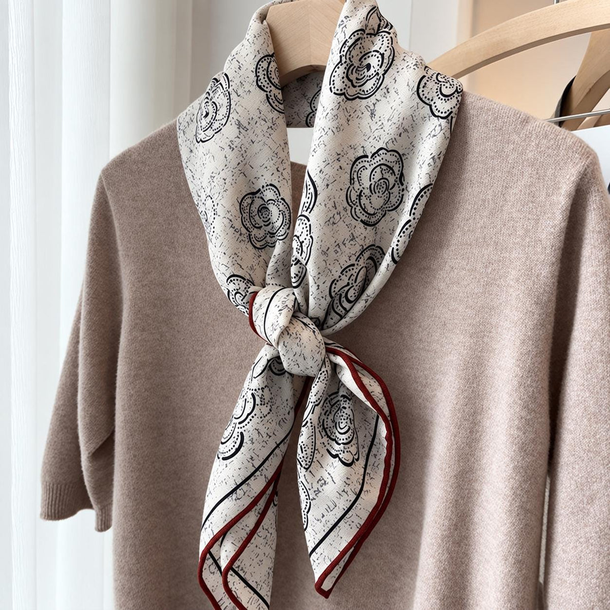 Silk Wool Scarf 35”x35” 88x88cm, Camellia Floral Square Scarf, French Inspired Vintage Silk Wool Shawl, Women’s Winter Wrap