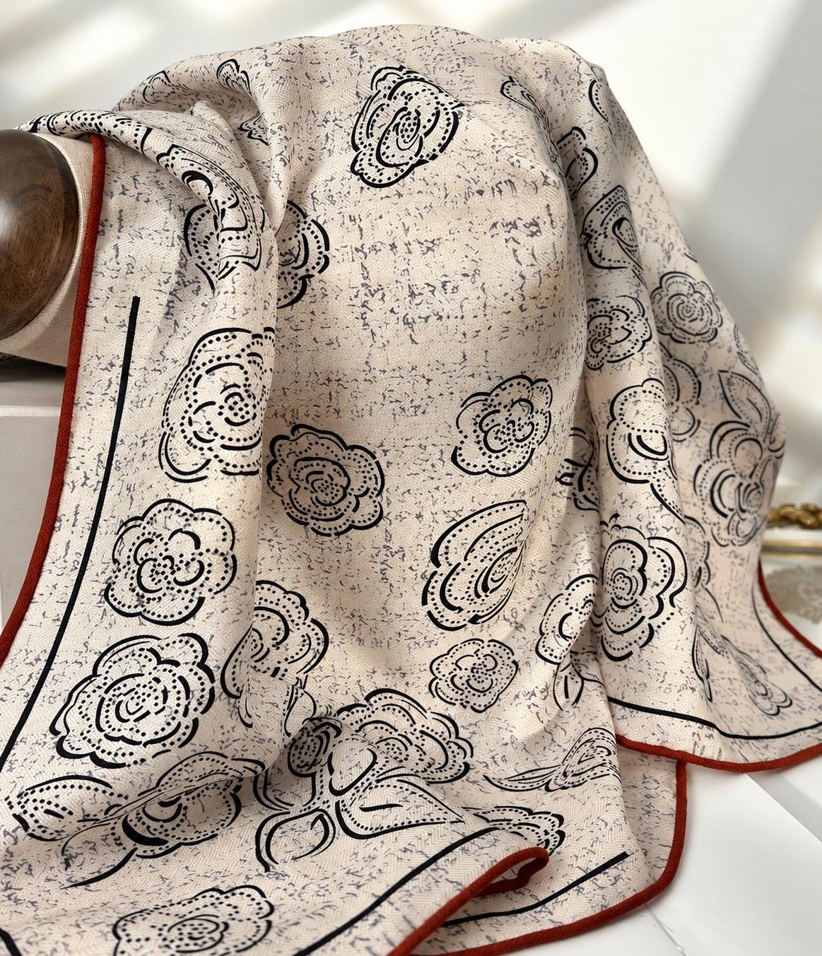 Silk Wool Scarf 35”x35” 88x88cm, Camellia Floral Square Scarf, French Inspired Vintage Silk Wool Shawl, Women’s Winter Wrap