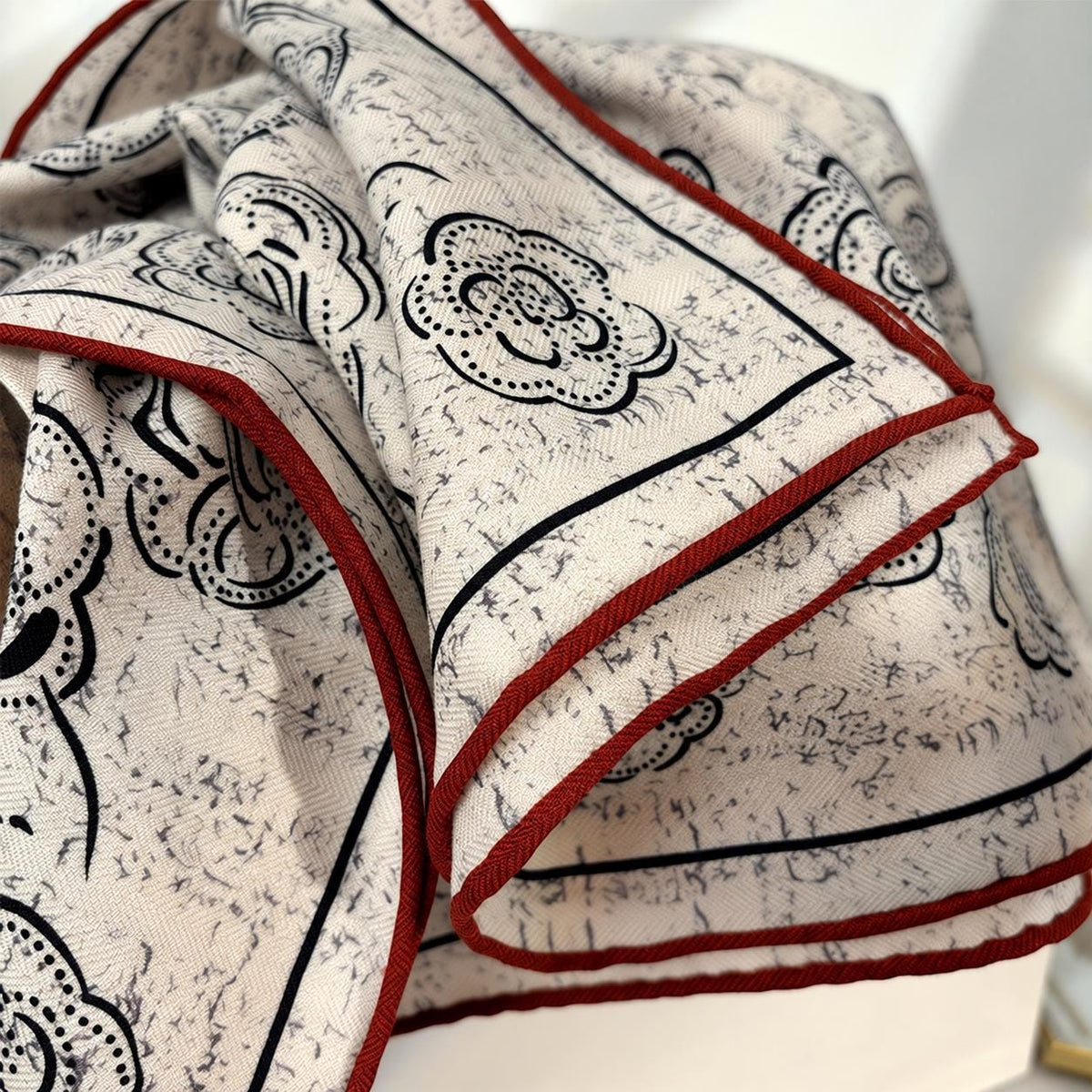 Silk Wool Scarf 35”x35” 88x88cm, Camellia Floral Square Scarf, French Inspired Vintage Silk Wool Shawl, Women’s Winter Wrap