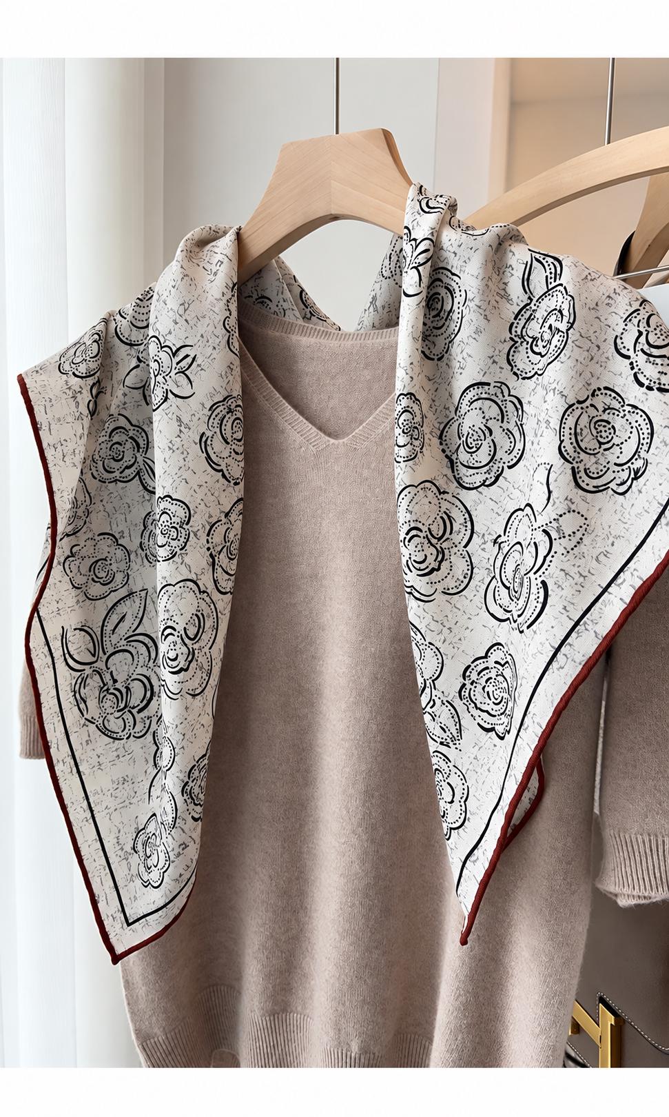 Silk Wool Scarf 35”x35” 88x88cm, Camellia Floral Square Scarf, French Inspired Vintage Silk Wool Shawl, Women’s Winter Wrap