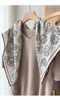 Silk Wool Scarf 35”x35” 88x88cm, Camellia Floral Square Scarf, French Inspired Vintage Silk Wool Shawl, Women’s Winter Wrap