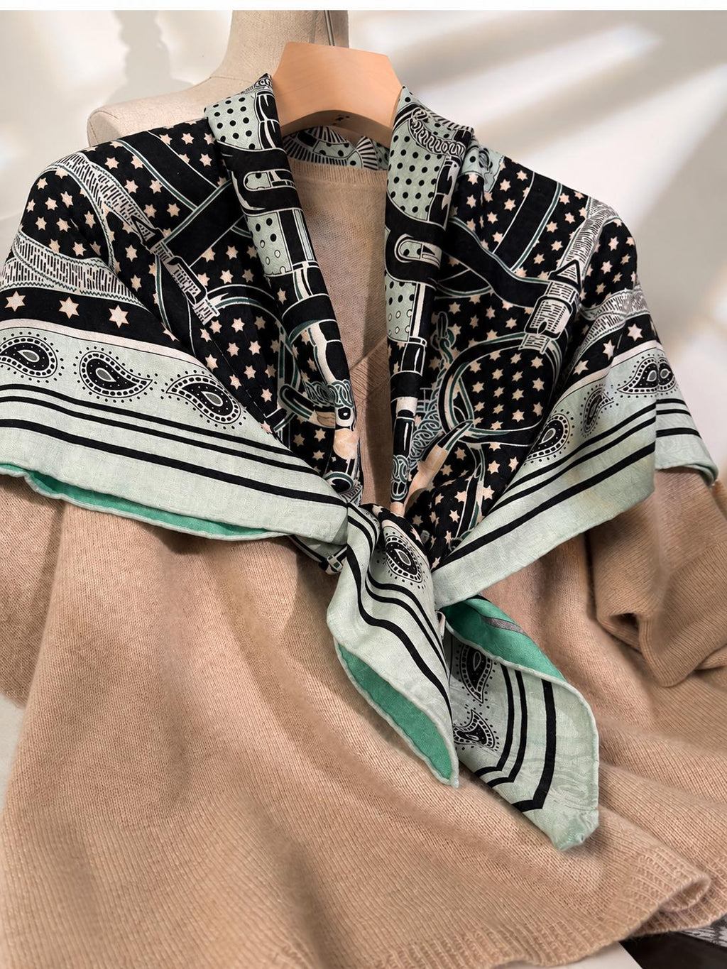Silk Cashmere Scarf 42"x42" 108x108cm, Green Golden Spur Jacquard Scarf, Double Sided Luxury Winter Shawl, Women's Wrap