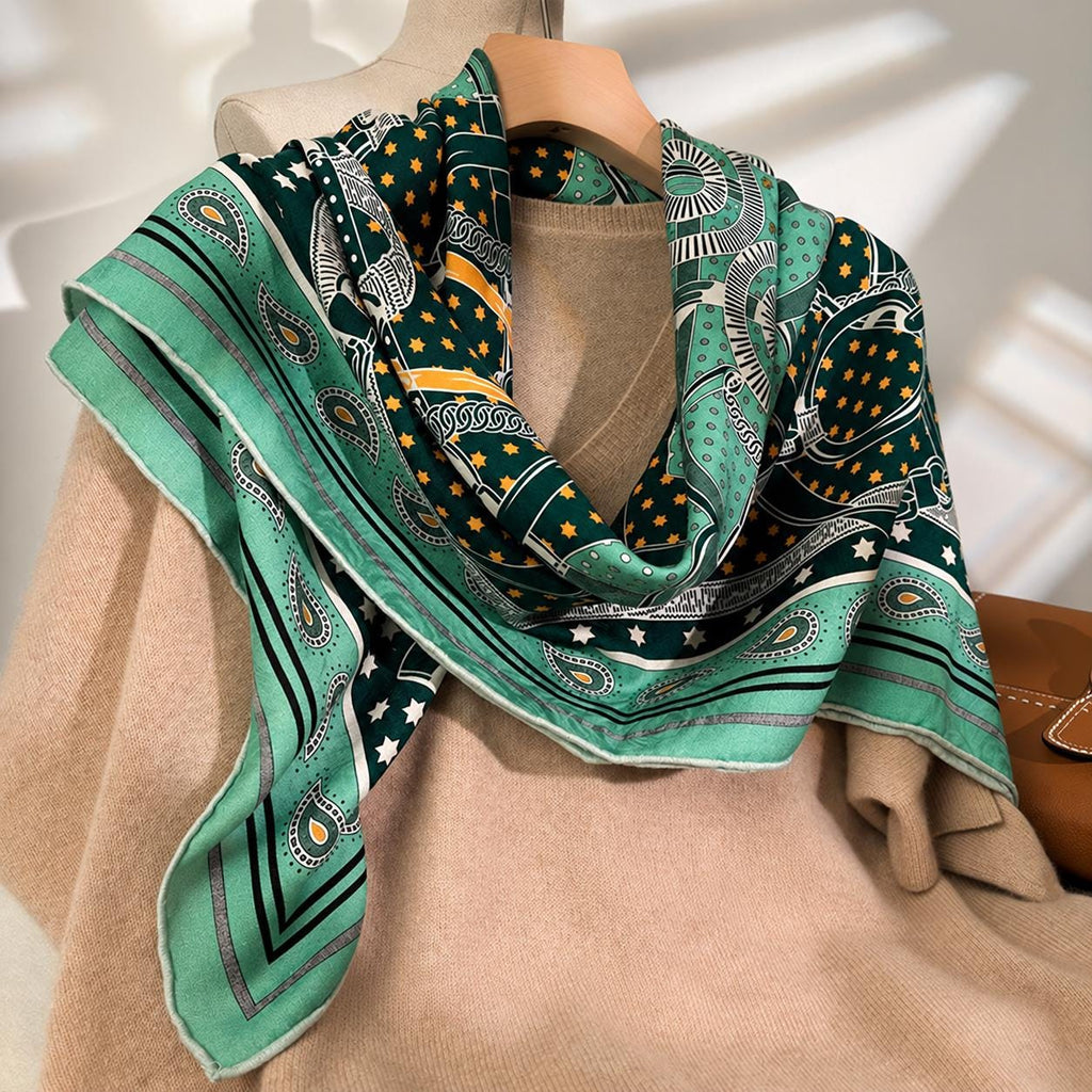 Silk Cashmere Scarf 42"x42" 108x108cm, Green Golden Spur Jacquard Scarf, Double Sided Luxury Winter Shawl, Women's Wrap