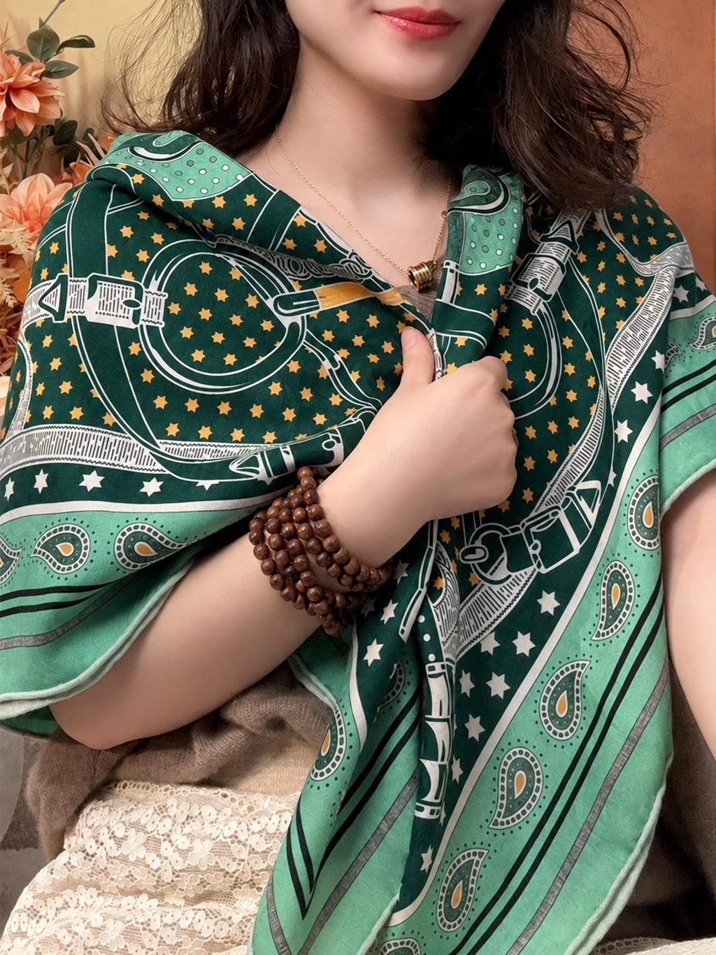 Silk Cashmere Scarf 42"x42" 108x108cm, Green Golden Spur Jacquard Scarf, Double Sided Luxury Winter Shawl, Women's Wrap