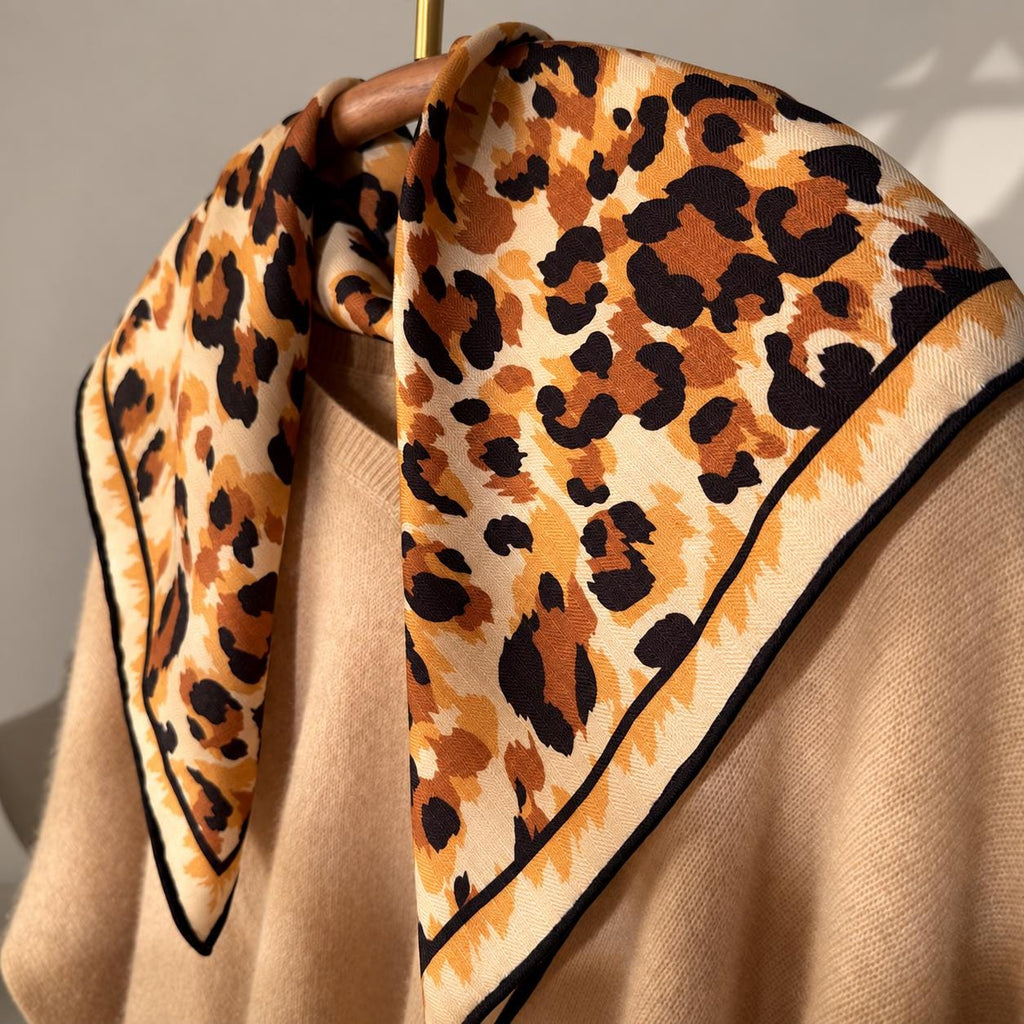 Silk Wool Scarf 35”x35” 88x88cm, Mocha Leopard Square Scarf, Italian Vintage Silk Wool Neck Scarf, Women’s Winter Accessory