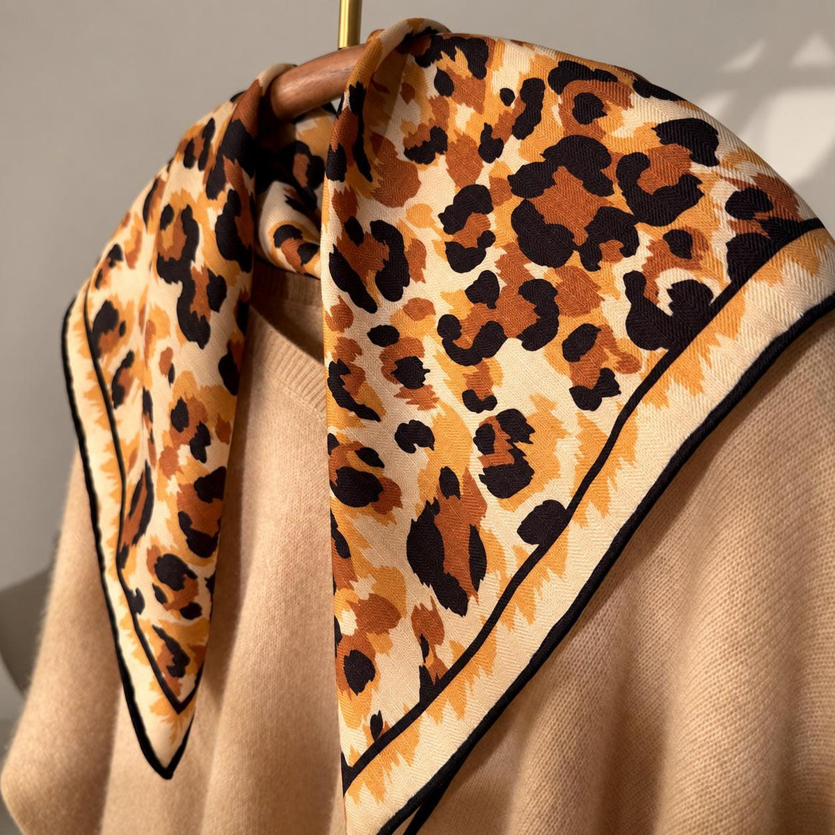 Silk Wool Scarf 35”x35” 88x88cm, Mocha Leopard Square Scarf, Italian Vintage Silk Wool Neck Scarf, Women’s Winter Accessory