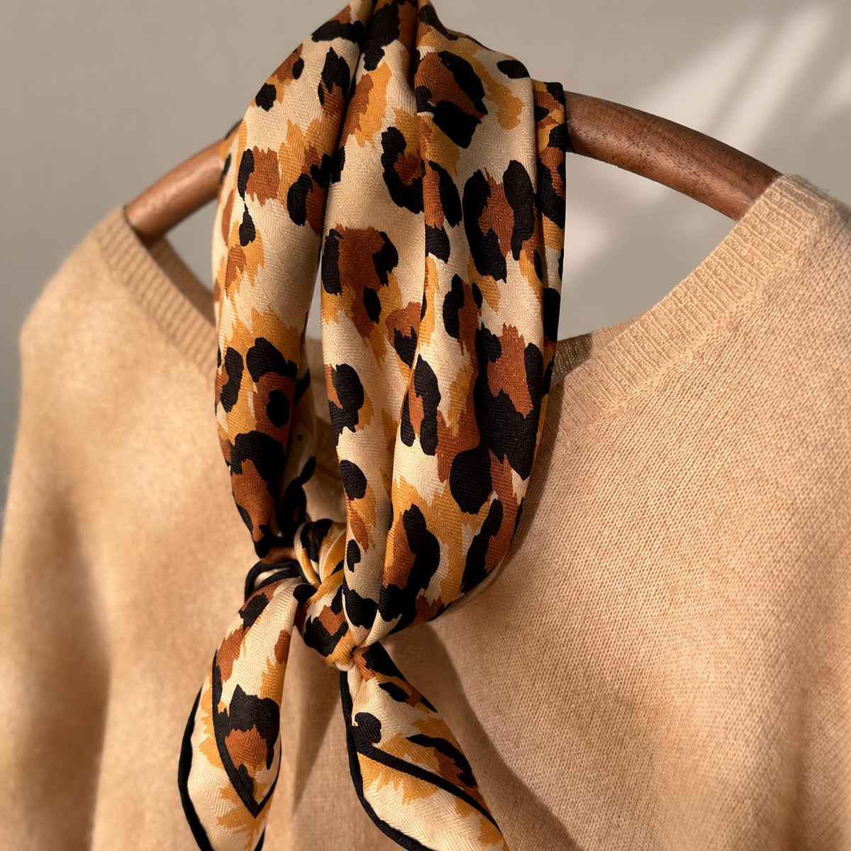 Silk Wool Scarf 35”x35” 88x88cm, Mocha Leopard Square Scarf, Italian Vintage Silk Wool Neck Scarf, Women’s Winter Accessory