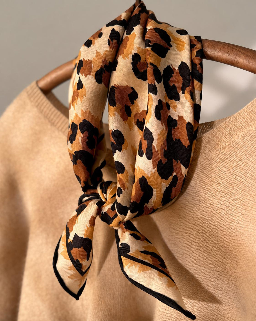 Silk Wool Scarf 35”x35” 88x88cm, Mocha Leopard Square Scarf, Italian Vintage Silk Wool Neck Scarf, Women’s Winter Accessory