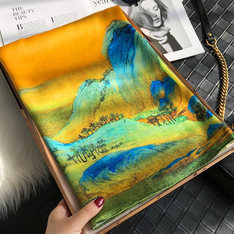 100% Mulberry Silk Scarf 43"x43" 110x110cm, Chinese Landscape Square Scarf, Elegant Oriental Art Silk Shawl, Women's Spring Fall Wrap