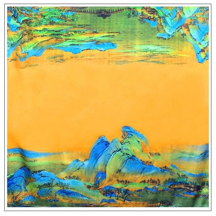 100% Mulberry Silk Scarf 43"x43" 110x110cm, Chinese Landscape Square Scarf, Elegant Oriental Art Silk Shawl, Women's Spring Fall Wrap