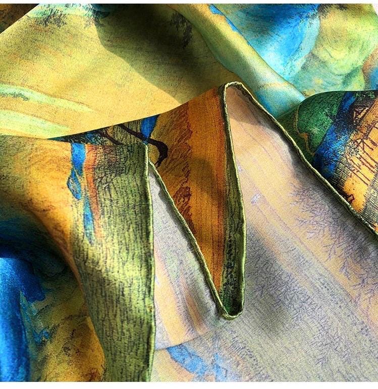100% Mulberry Silk Scarf 43"x43" 110x110cm, Chinese Landscape Square Scarf, Elegant Oriental Art Silk Shawl, Women's Spring Fall Wrap
