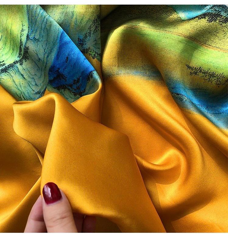 100% Mulberry Silk Scarf 43"x43" 110x110cm, Chinese Landscape Square Scarf, Elegant Oriental Art Silk Shawl, Women's Spring Fall Wrap