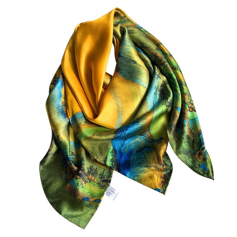 100% Mulberry Silk Scarf 43"x43" 110x110cm, Chinese Landscape Square Scarf, Elegant Oriental Art Silk Shawl, Women's Spring Fall Wrap
