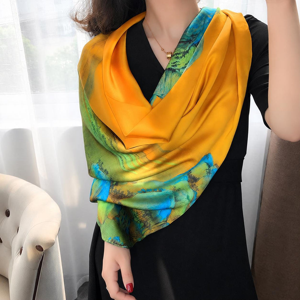 100% Mulberry Silk Scarf 43"x43" 110x110cm, Chinese Landscape Square Scarf, Elegant Oriental Art Silk Shawl, Women's Spring Fall Wrap