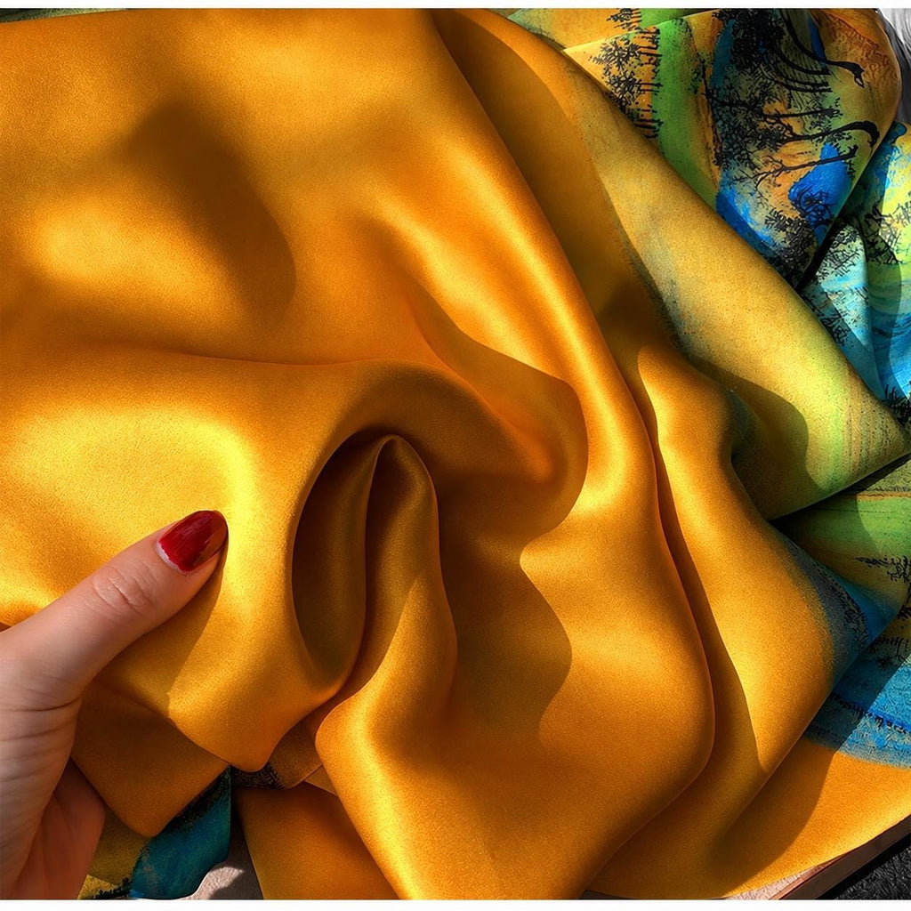 100% Mulberry Silk Scarf 43"x43" 110x110cm, Chinese Landscape Square Scarf, Elegant Oriental Art Silk Shawl, Women's Spring Fall Wrap
