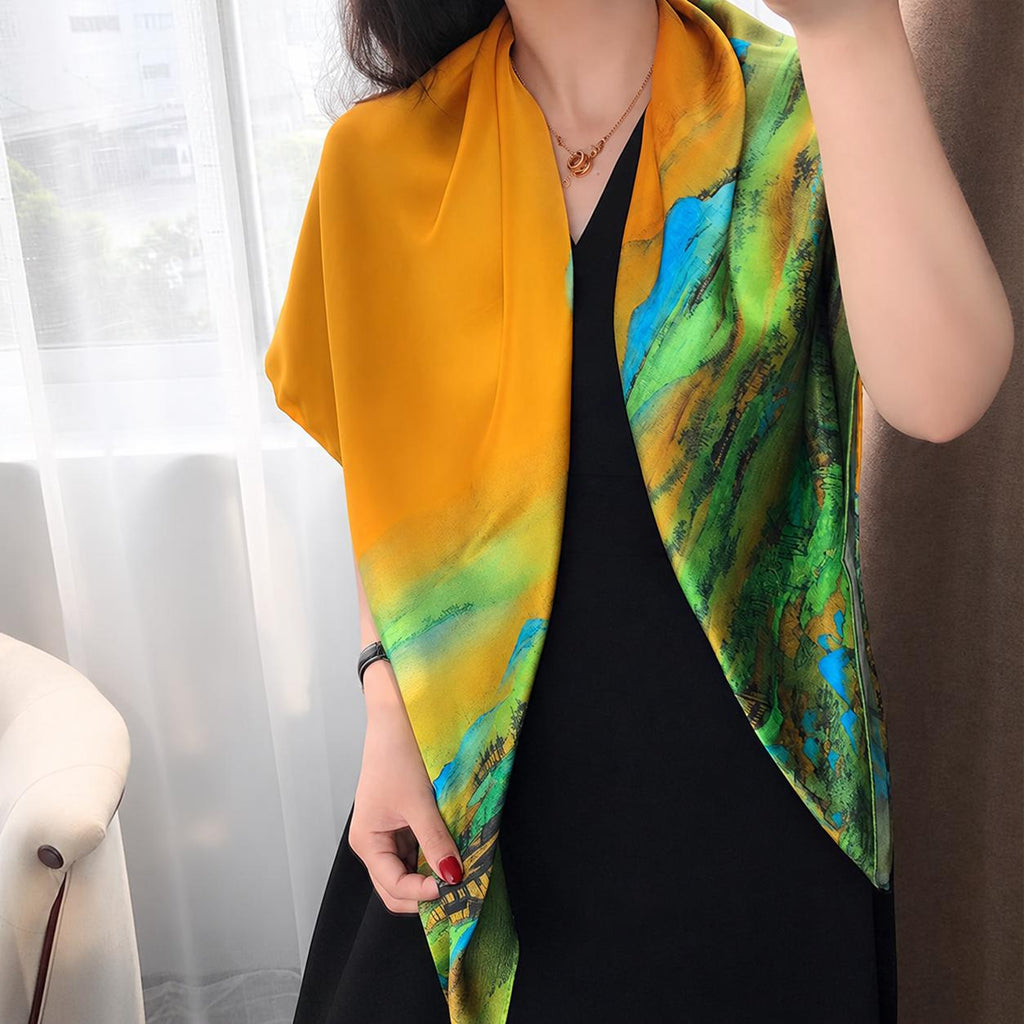 100% Mulberry Silk Scarf 43"x43" 110x110cm, Chinese Landscape Square Scarf, Elegant Oriental Art Silk Shawl, Women's Spring Fall Wrap